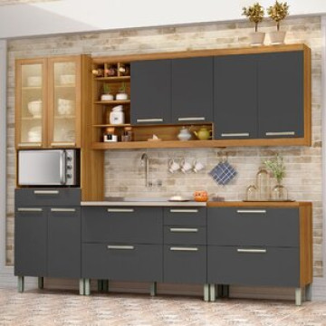 Cozinha Modulada 5 Peças Burguesa Premium Nesher 100% Mdf Espresso Móveis Amadeirado Freijó/grafite